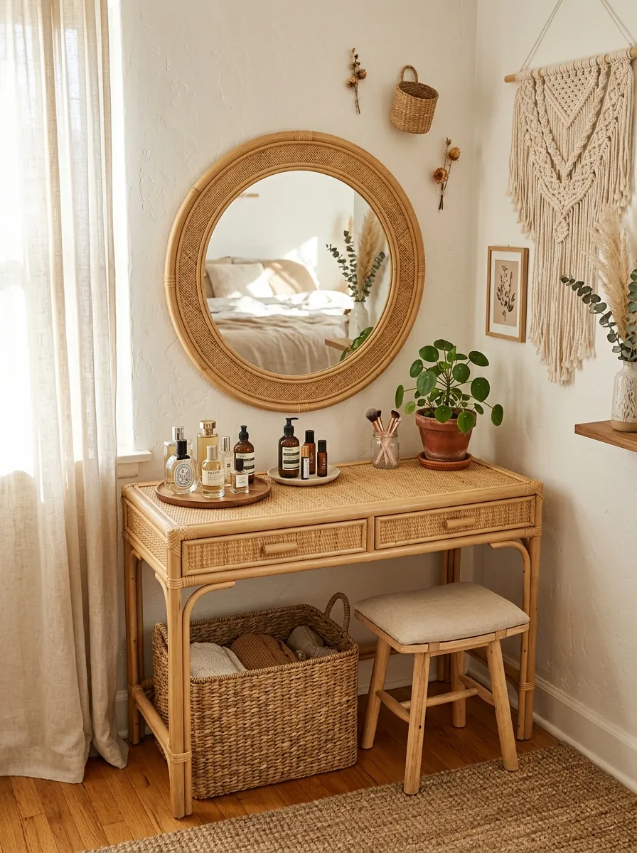 A neatly made boho bedroom vanity corner with a rattan table and round rattan-framed mirror, beautifully arranged perfume bottles and a small potted plant, a woven basket underneath for storage, macrame hanging nearby, warm bright natural light, clean and organized, real-life photography, vibrant earthy tones.