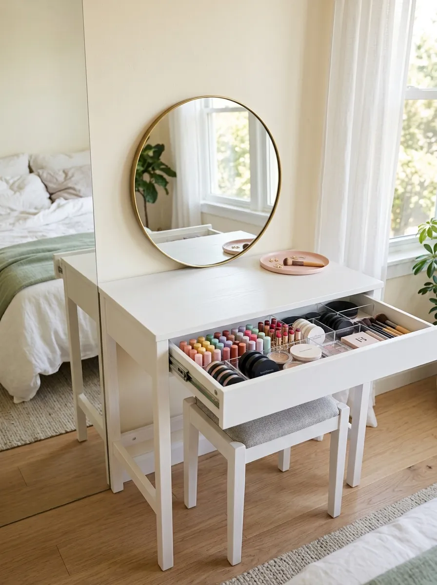 A neatly made minimalist white bedroom vanity with a clean tabletop holding only a round mirror and one small tray, beautifully arranged drawers slightly open showing organized makeup storage, soft neutral bedroom backdrop, bright natural light, clean and organized, real-life photography style, vibrant white and pastel accents.