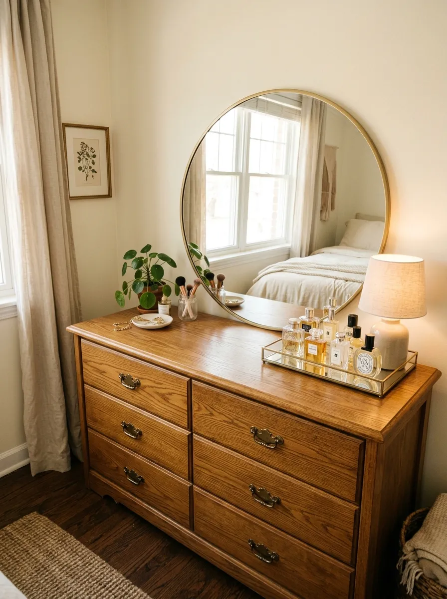A neatly made bedroom dresser repurposed as a vanity with a round mirror leaning against the wall on top, beautifully arranged perfume bottles and a small lamp on a tray, drawers slightly closed, soft bright natural light, clean and organized space, real-life photography style, vibrant warm tones.