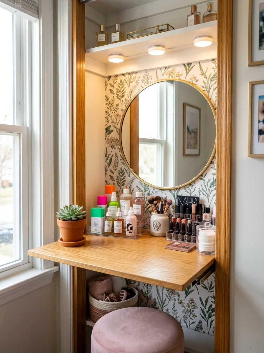 A neatly made closet interior converted into a small vanity nook with a fold-out wood shelf, a mirror mounted on the wall, beautifully arranged skincare and makeup on the shelf, small warm stick-on lights above, bright natural light spilling in, clean and organized, real-life photography, vibrant tones.