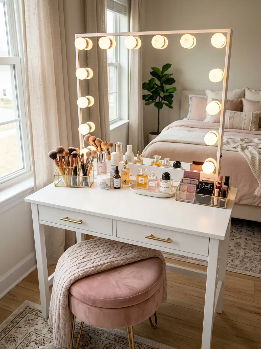 A neatly made bedroom vanity table with a Hollywood-style mirror surrounded by warm glowing bulbs, beautifully arranged makeup brushes and skincare bottles on the table, a soft cushioned stool, bright natural light mixing with the warm bulb glow, clean and organized, real-life photography style, vibrant colors.