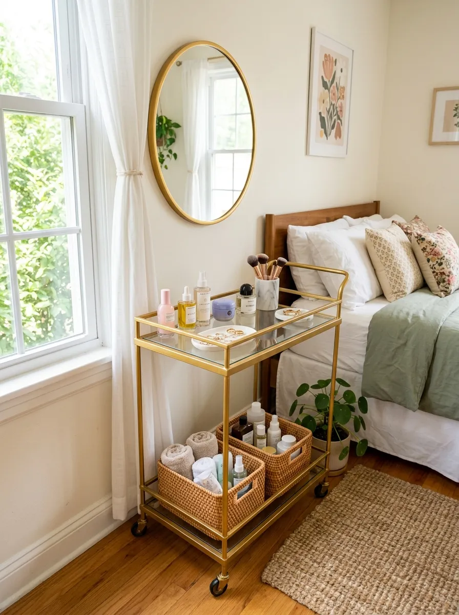 A neatly made small bedroom scene with a gold rolling bar cart used as a vanity, beautifully arranged mirror and skincare bottles on top shelf, woven baskets holding extra products on the bottom shelf, bright natural light from a window, clean and organized, real-life photography style, vibrant fresh colors.
