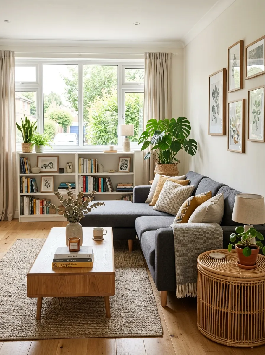 A cozy living room with a charcoal grey sofa paired with a mid-century oak coffee table and rattan side table, beautifully arranged with warm wood tones, neatly made cushions, organized shelving in the background, bright natural light streaming through large windows, vibrant potted plants adding color, real-life stock photography style, clean and inviting atmosphere.