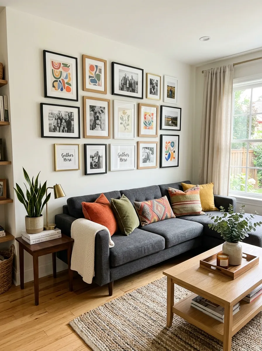 Real-life living room photo with a charcoal couch near a window dressed in sheer linen curtains, bright natural light softly filtering through, neatly made cushions, clean and organized coffee table, beautifully arranged vibrant plants, Pinterest-style stock photography, airy and calm home atmosphere.