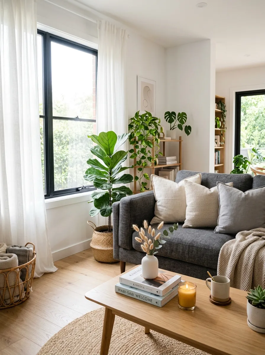 Real-life living room photo with a charcoal couch beneath a neatly arranged gallery wall of framed art and photos, beautifully styled mixed frames, clean and organized layout, bright natural light, vibrant cushions on the sofa, small plant accent nearby, Pinterest-style stock photography, warm and personal atmosphere.