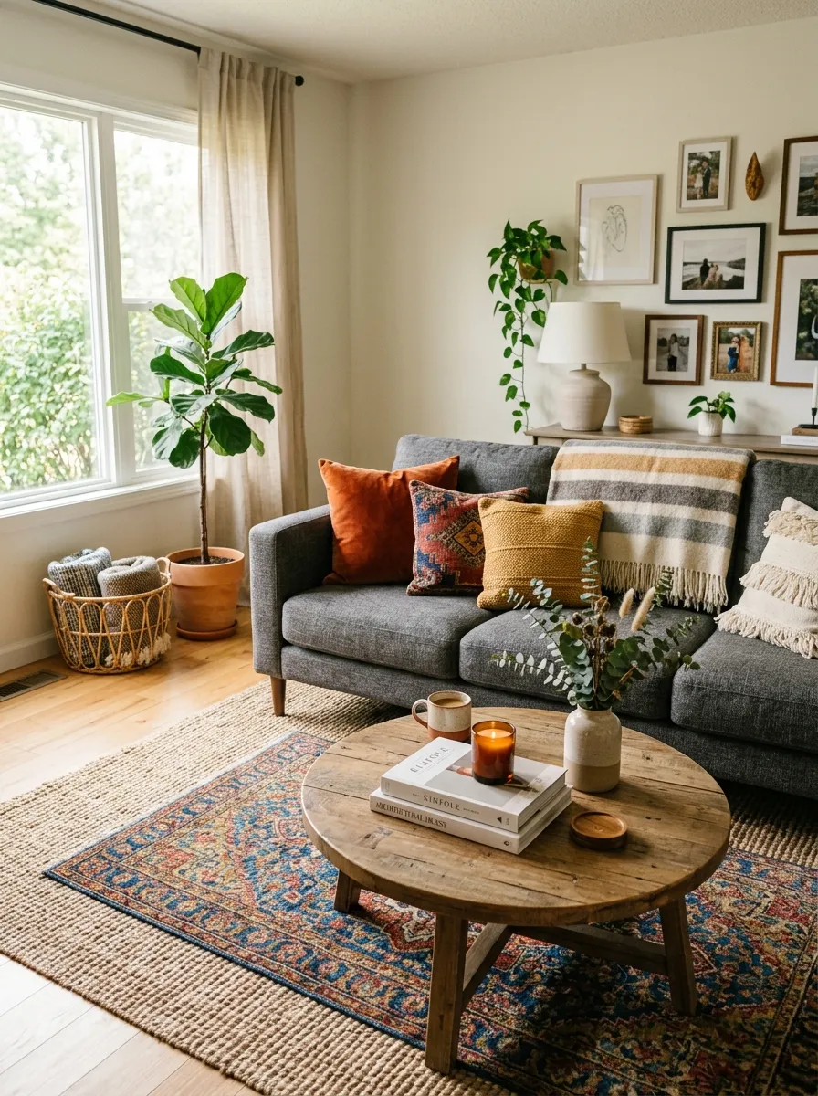 Real-life photo of a charcoal couch resting on a neatly layered jute rug topped with a smaller patterned rug, beautifully arranged living room, clean organized coffee table, bright natural light, vibrant throw pillows, Pinterest-worthy home decor photography, warm textured atmosphere.