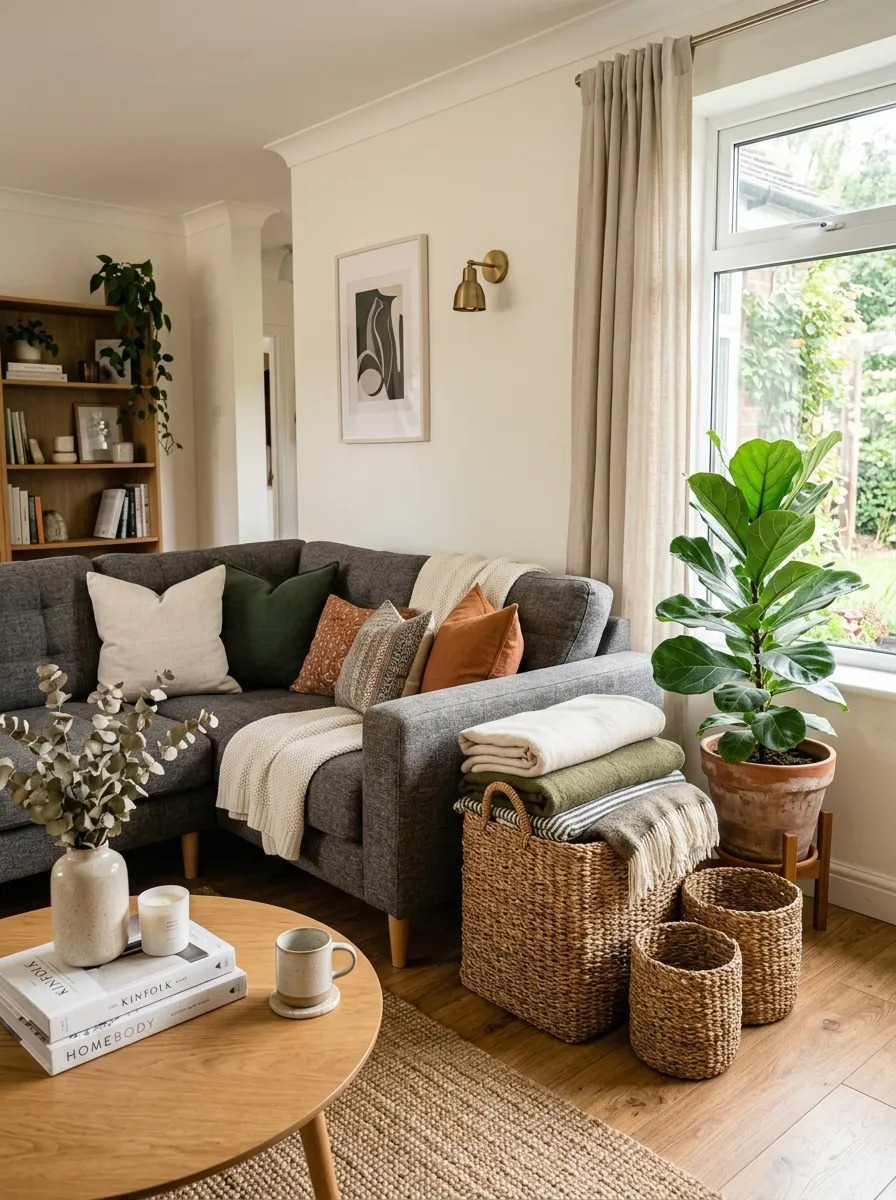 Real-life living room photo with a charcoal couch beside neatly arranged woven seagrass baskets filled with folded blankets, clean and organized space, bright natural light, beautifully styled cushions, vibrant green plant nearby, Pinterest-style stock photography, cozy functional home atmosphere.