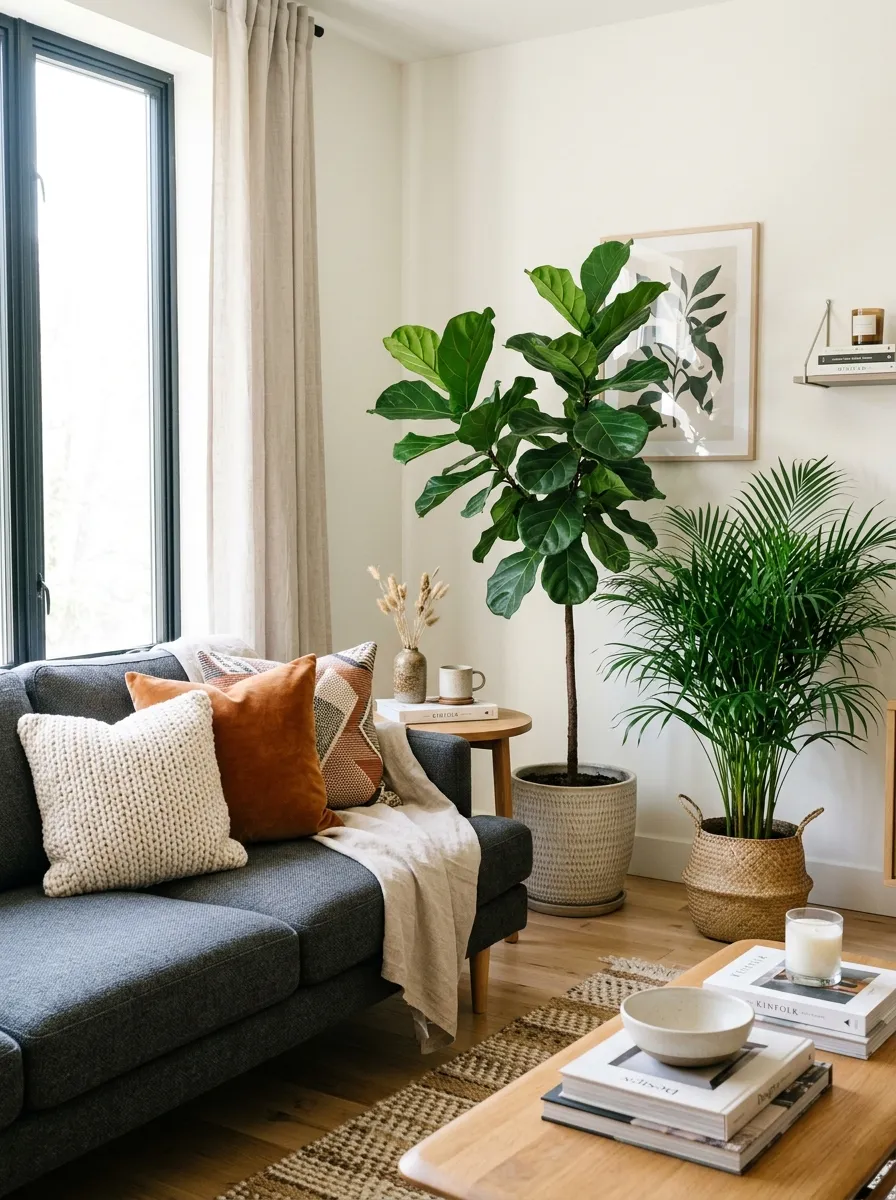 Real-life photo of a charcoal couch beside a neatly styled corner filled with tall vibrant green plants like fiddle leaf fig and areca palm, clean organized living room, bright natural light streaming in, beautifully arranged pillows on the sofa, Pinterest-worthy stock photography, fresh airy atmosphere.