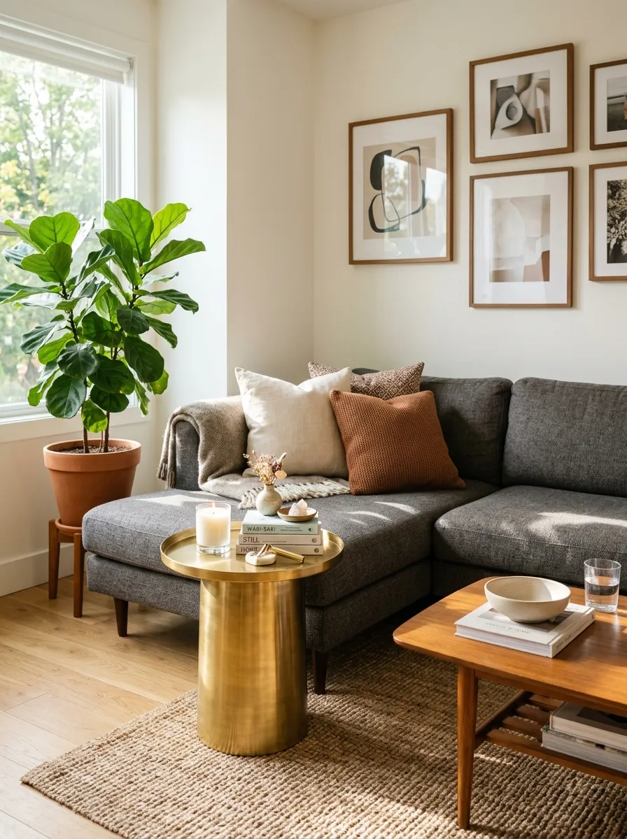 Real-life living room photo with a charcoal couch next to a neatly styled brass side table holding a candle and small books, beautifully arranged decor, clean organized space, bright natural light reflecting off the brass, vibrant plant accent, Pinterest-style interior photography, warm inviting atmosphere.