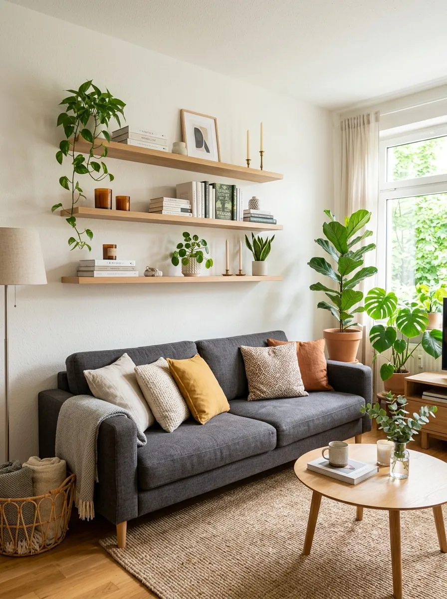 Real-life living room photo with a charcoal couch beneath neatly styled floating shelves holding books, candles, and small plants, clean organized display, bright natural light, beautifully arranged cushions on the sofa, vibrant greenery, Pinterest-style stock photography, modern minimal atmosphere.