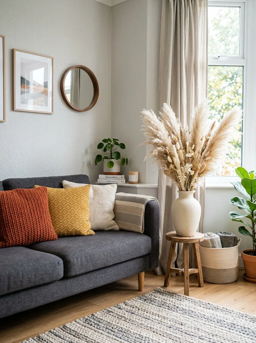 Real-life photo of a charcoal couch beside a tall ceramic vase filled with beautifully arranged pampas grass, neatly styled living room corner, clean organized space, bright natural light, vibrant cushions on the sofa, Pinterest-worthy home decor photography, soft natural atmosphere.