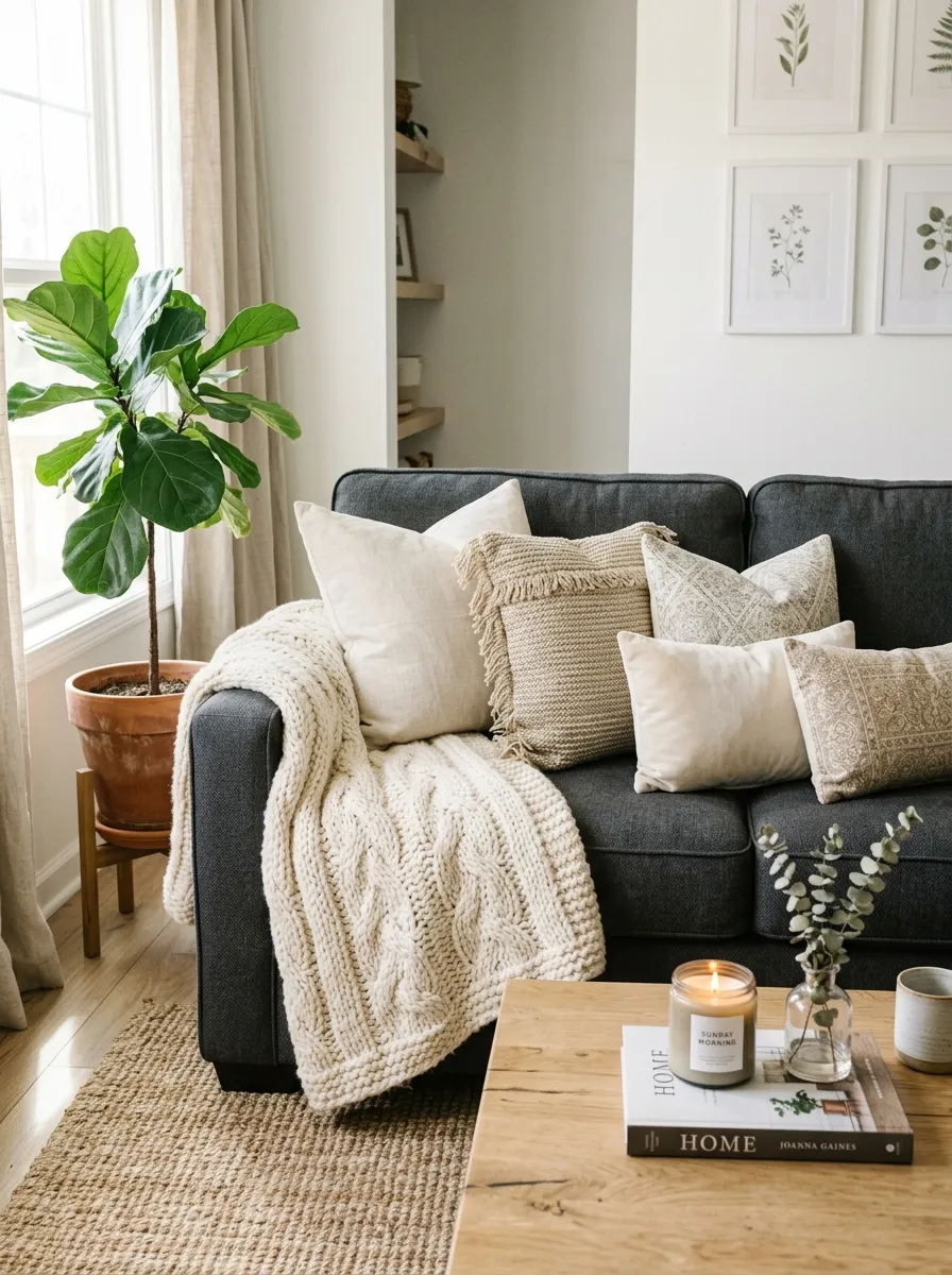 Close-up real-life photo of a charcoal sofa neatly styled with a chunky cream knit throw and beautifully arranged ivory and beige textured pillows, clean living room setting, bright natural light, organized coffee table with a candle and book, vibrant green plant in the corner, Pinterest-style home decor photography.