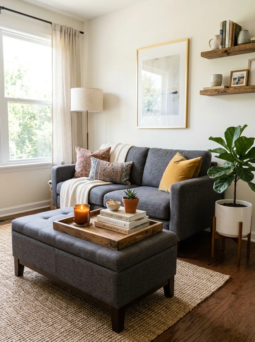 Real-life living room photo with a charcoal couch and a neatly styled storage ottoman used as a coffee table, beautifully arranged tray with books and a candle on top, clean organized space, bright natural light, vibrant plant nearby, Pinterest-style stock photography, cozy functional atmosphere.