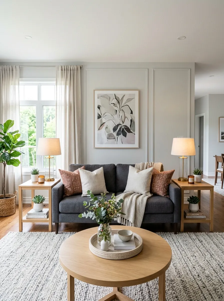 Real-life living room photo with a charcoal couch flanked by two matching neatly styled console tables with lamps, beautifully arranged symmetrical decor, clean organized space, bright natural light, vibrant small plants, Pinterest-style stock photography, polished balanced atmosphere.