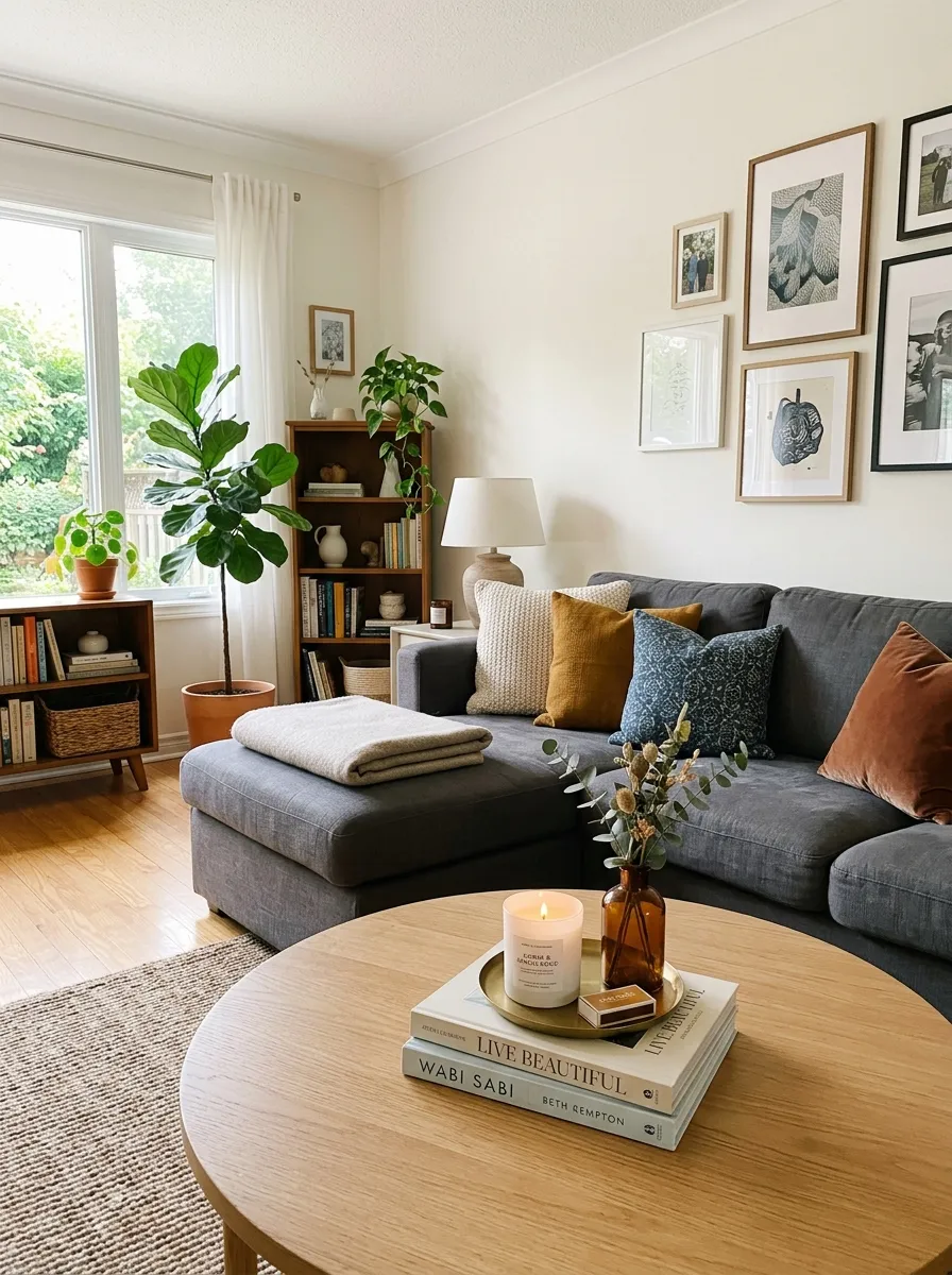 Real-life living room photo with a charcoal couch paired with a neatly styled round wood coffee table, beautifully arranged books and candle on top, clean organized space, bright natural light, vibrant plant in the corner, Pinterest-style stock photography, soft welcoming atmosphere.