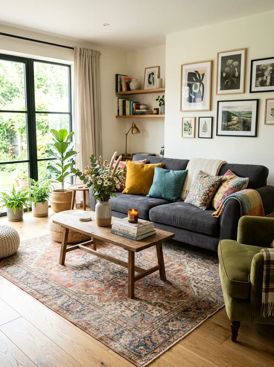 Real-life photo of a charcoal couch resting on a beautifully arranged vintage-style patterned rug with warm faded tones, neatly organized living room, clean coffee table styling, bright natural light, vibrant cushions on the sofa, Pinterest-worthy stock photography, rich collected atmosphere.