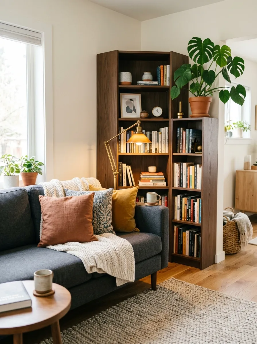 Real-life living room photo with a charcoal couch beside a neatly styled corner bookcase filled with books and a small reading lamp, beautifully arranged cozy nook, clean organized space, bright natural light, vibrant plant accent, Pinterest-style stock photography, warm inviting atmosphere.