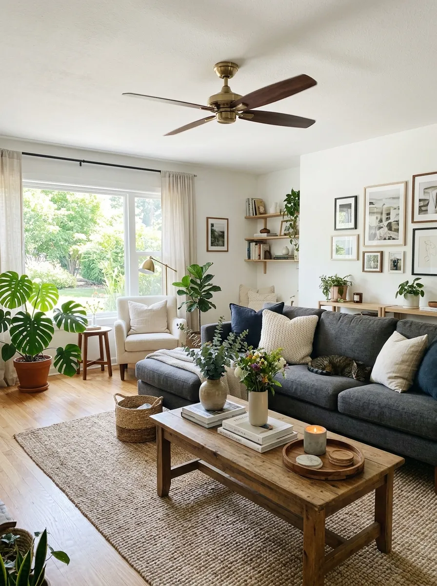 Real-life living room photo with a charcoal couch beneath a neatly styled wood-blade ceiling fan, beautifully arranged seating area, clean organized coffee table, bright natural light filling the space, vibrant plant accents, Pinterest-style interior photography, fresh airy atmosphere.