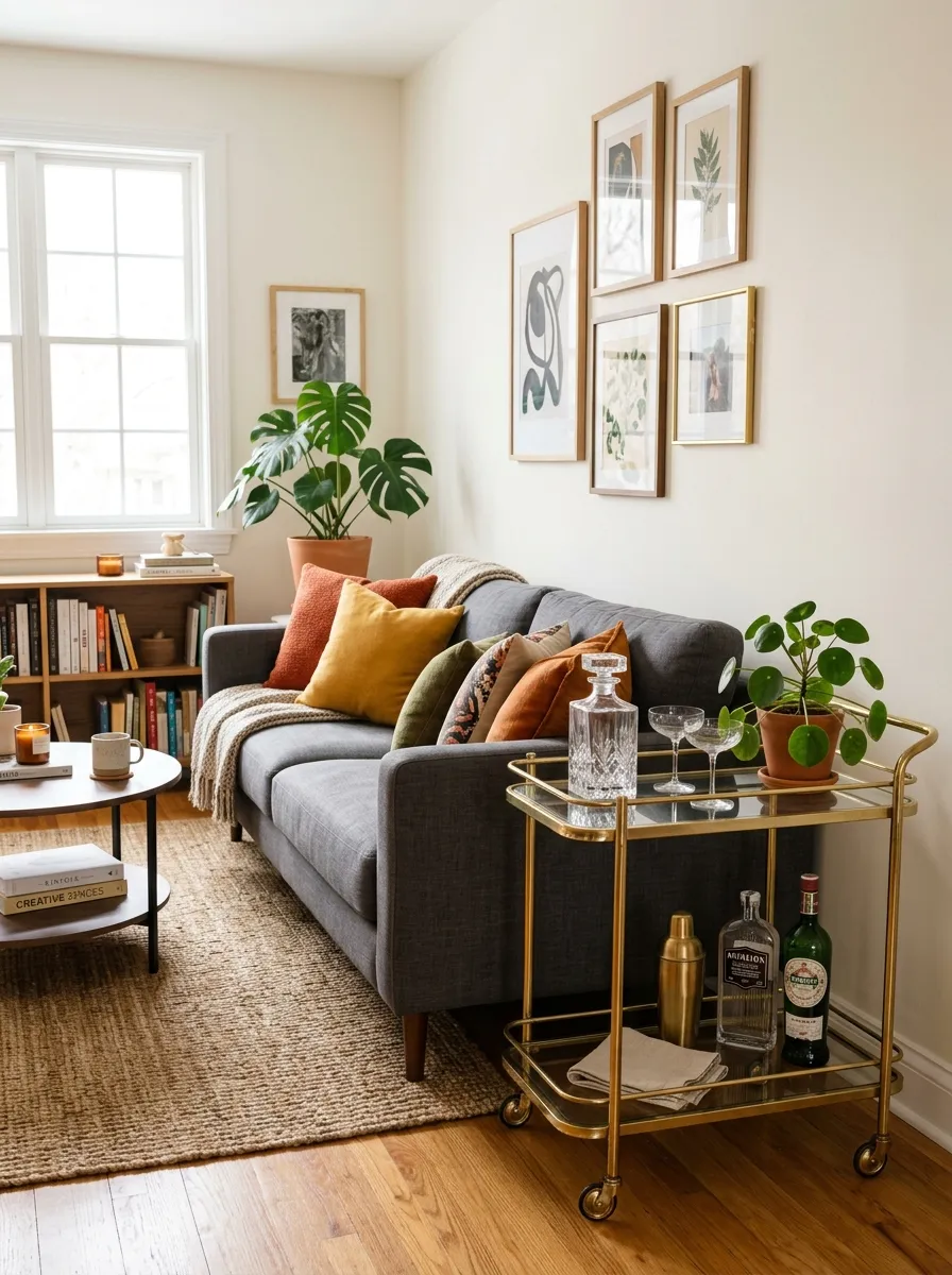 Real-life living room photo with a charcoal couch beside a neatly styled brass drink cart holding glasses and a small plant, beautifully arranged decor, clean organized space, bright natural light, vibrant cushions on the sofa, Pinterest-worthy stock photography, welcoming social atmosphere.