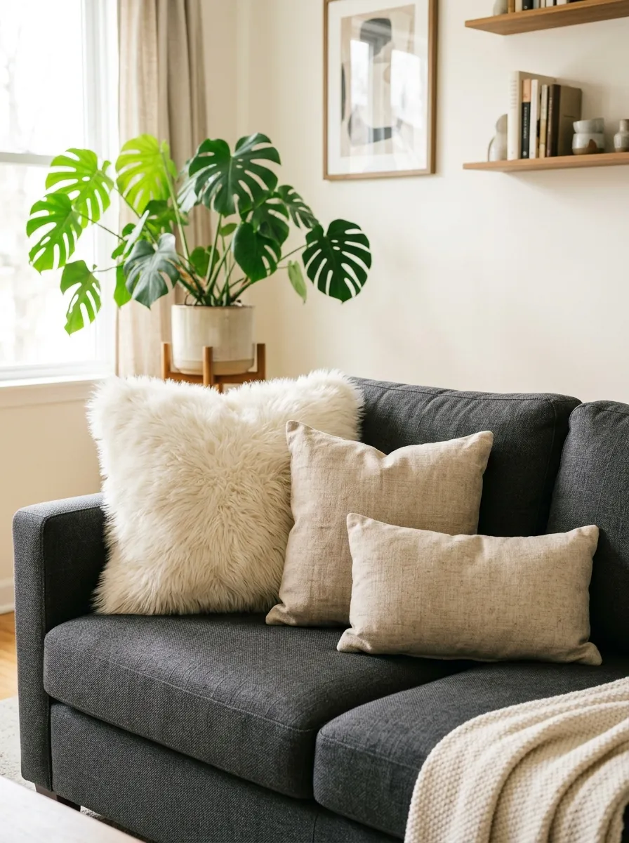 Real-life close-up photo of a charcoal couch styled with a beautifully arranged ivory faux fur throw pillow and linen accent pillows, clean organized living room, bright natural light, neatly made cushions, vibrant plant in the background, Pinterest-style stock photography, cozy luxurious atmosphere.