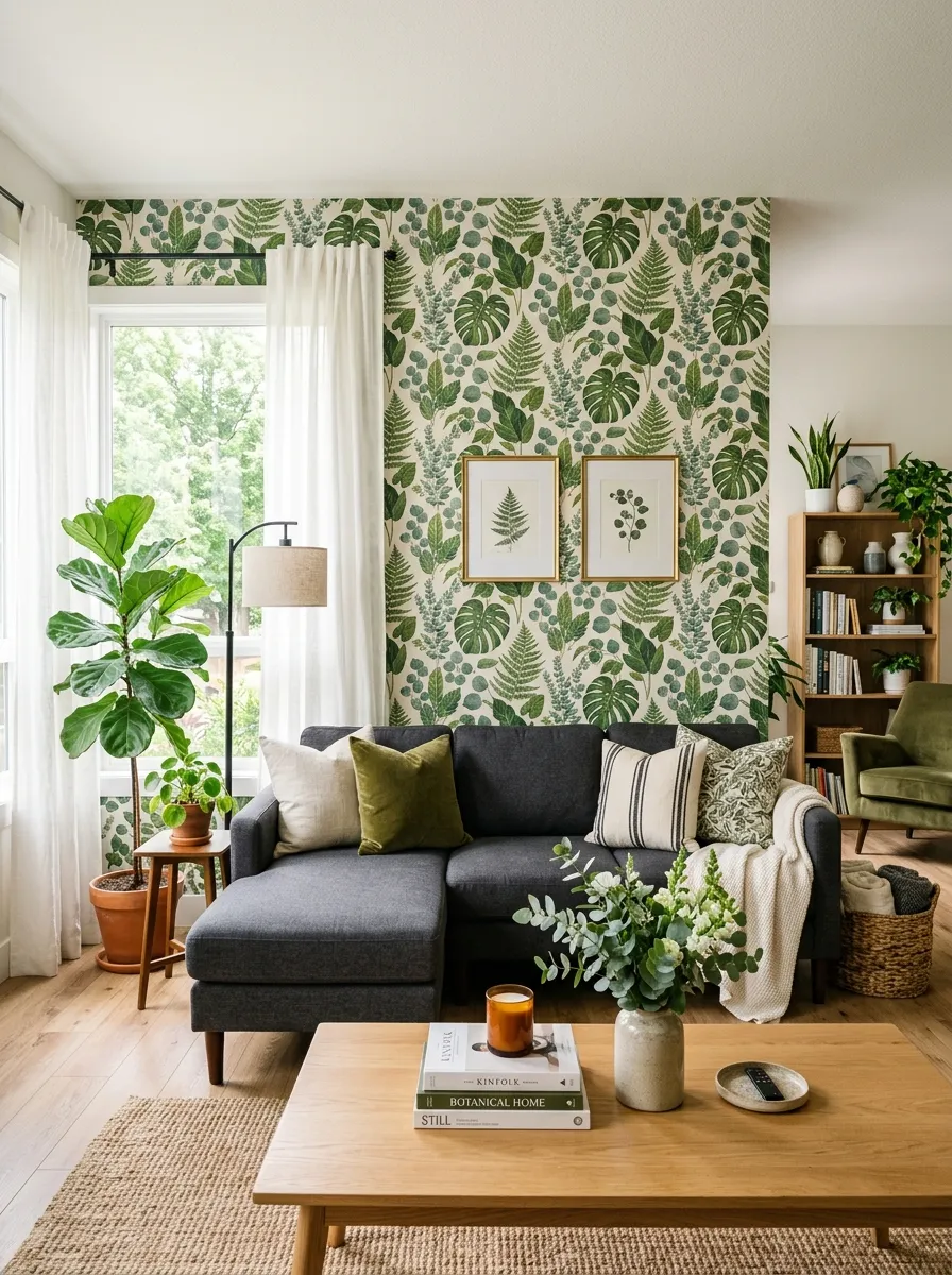 Real-life living room photo with a charcoal couch set against a beautifully arranged botanical print wallpaper, neatly organized space, clean coffee table styling, bright natural light, vibrant green accents throughout, Pinterest-worthy interior photography, curated stylish atmosphere.