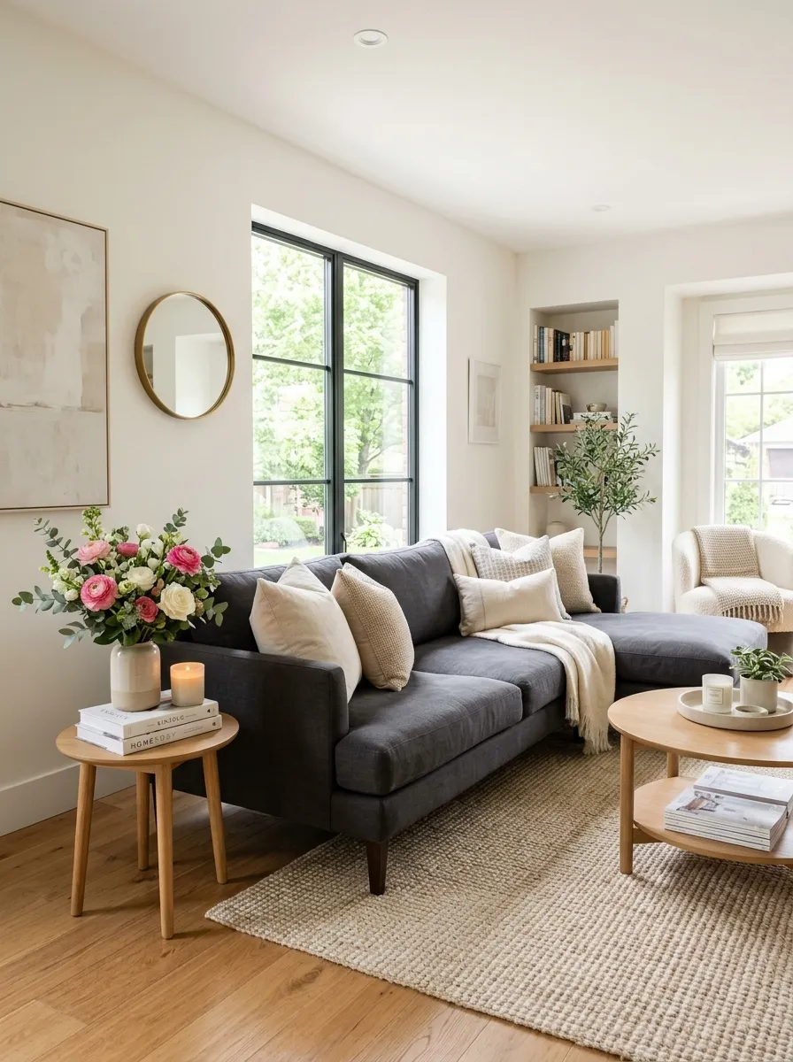 Real-life living room photo featuring a charcoal couch resting on a neatly arranged light jute rug, clean and organized space, bright natural light from a nearby window, beautifully arranged neutral cushions, vibrant accent flowers in a vase on a side table, Pinterest-worthy stock photography, cozy and airy atmosphere.