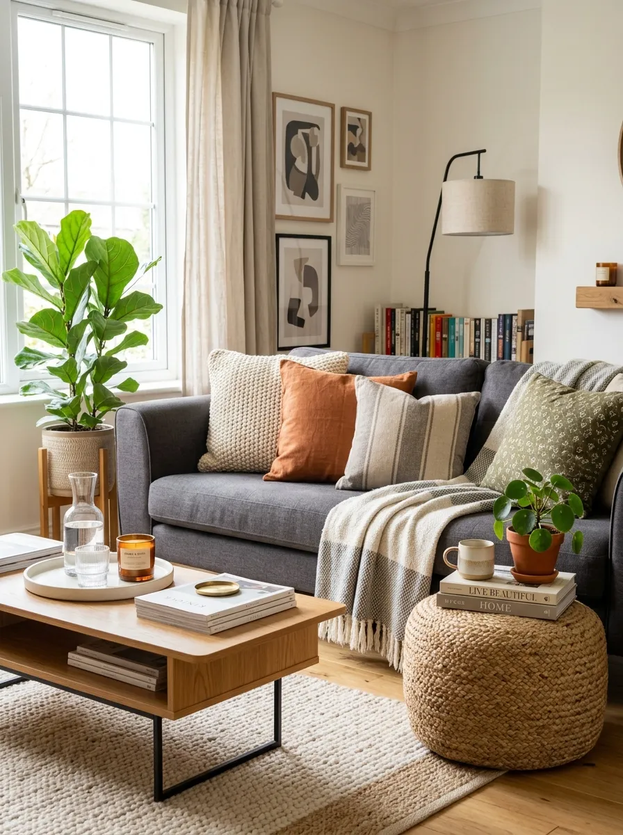 Real-life living room photo with a charcoal couch beside a neatly styled woven pouf, beautifully arranged cushions and throw, clean organized coffee table, bright natural light, vibrant plant accent nearby, Pinterest-style stock photography, cozy practical atmosphere.