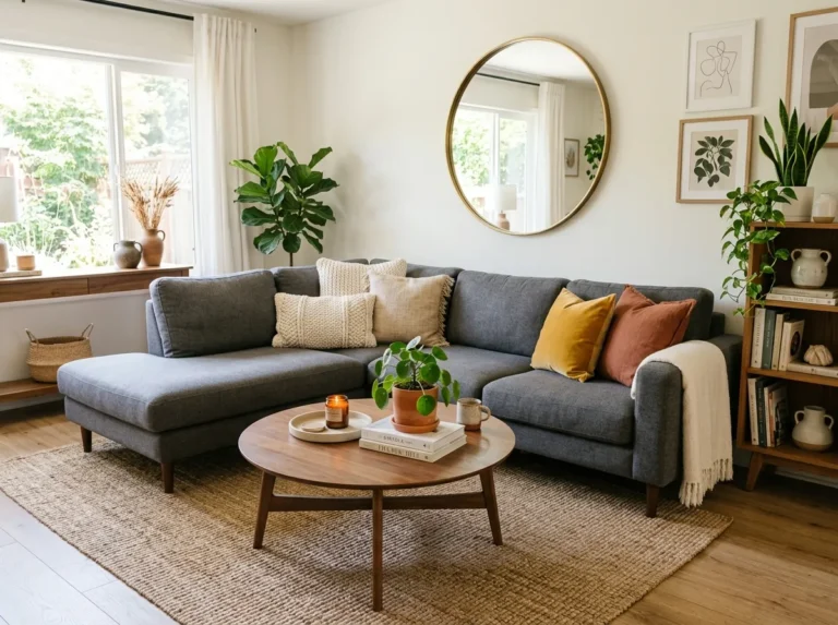 Real-life photo of a stylish living room featuring a charcoal grey couch as the centerpiece, beautifully arranged with warm wood furniture, a light jute rug, textured cream throw pillows, and a large round mirror reflecting bright natural light, neatly made and organized decor, vibrant accent colors like mustard and terracotta, clean Pinterest-worthy stock photography style, cozy and inviting atmosphere.