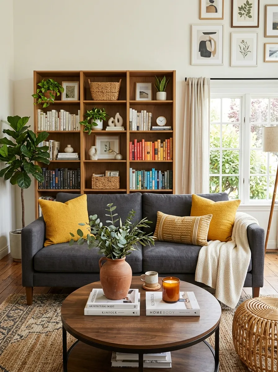 Bright real-life living room with a charcoal sofa accented by mustard yellow throw pillows and a terracotta ceramic vase, neatly made cushions, beautifully arranged coffee table decor, clean organized bookshelf in the background, vibrant natural light, warm and inviting Pinterest-style home photography.
