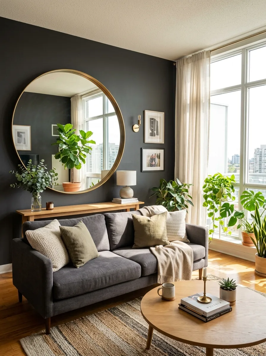 Real-life photo of a charcoal living room with a large round mirror in a warm brass frame hung across from a bright window, beautifully arranged furniture, clean organized space, natural sunlight reflecting through the room, vibrant green plants and neatly made sofa cushions, Pinterest-style interior photography.