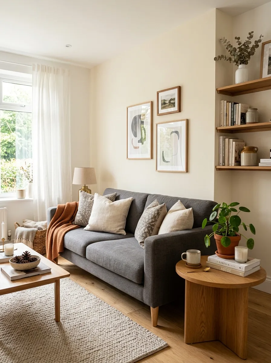 Real-life living room photo with a charcoal grey couch set against a soft cream accent wall, neatly arranged decor, clean and organized shelving, bright natural light filling the room, beautifully styled cushions and a small vibrant plant on a side table, Pinterest-style stock photography, warm cozy atmosphere.