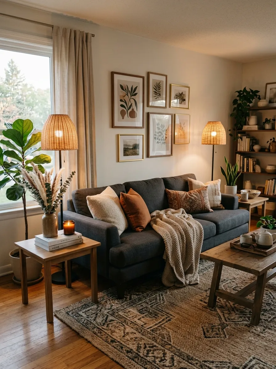 Real-life photo of a charcoal couch flanked by two warm rattan floor lamps, beautifully arranged living room with soft evening lighting, neatly made cushions, clean organized side tables, bright natural light mixed with warm lamp glow, vibrant decor accents, cozy Pinterest-worthy home photography.