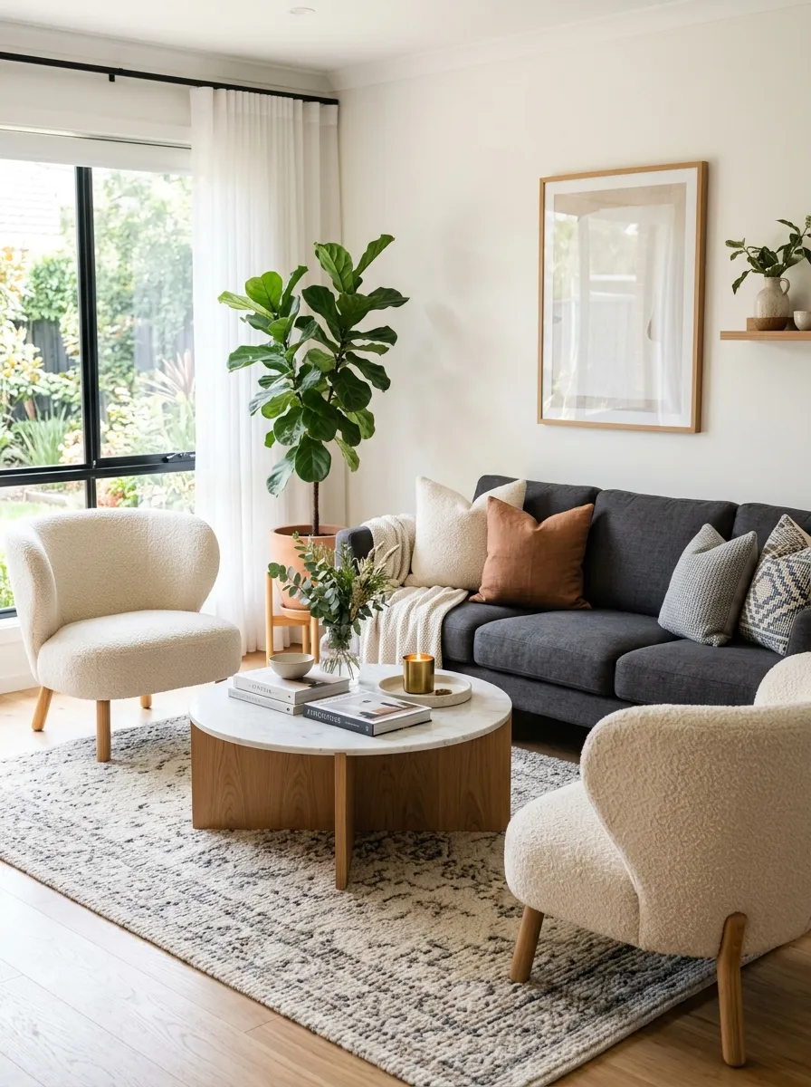 Real-life living room photo featuring a charcoal couch positioned in front of a neatly organized open bookshelf styled with books, small plants, and framed photos, beautifully arranged decor, clean and bright natural light, vibrant green accents, Pinterest-style stock photography, warm inviting atmosphere.