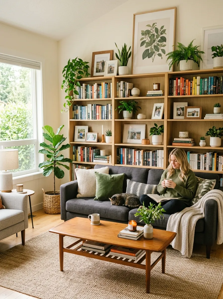Real-life photo of a charcoal grey couch paired with two cream bouclé accent chairs, neatly arranged living room seating area, clean and organized coffee table styling, bright natural light through a window, beautifully arranged textured pillows, vibrant plant accents, Pinterest-worthy interior photography.
