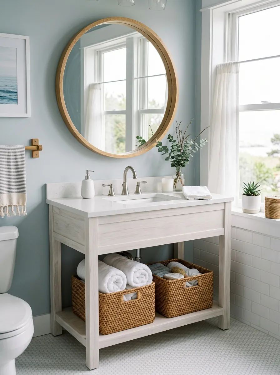 Prompt: A real-life photograph of a whitewashed wood bathroom vanity with a round mirror above it, woven rattan baskets neatly arranged underneath holding rolled white towels, brushed nickel faucet, bright natural light streaming through a nearby window, clean and organized coastal modern bathroom, beautifully arranged, soft vibrant colors, shot on a DSLR camera, realistic stock photography style, no people.