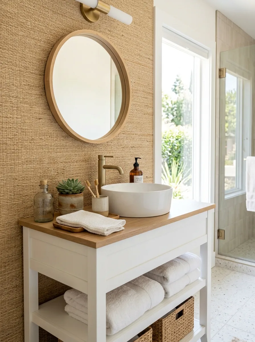 Prompt: A real-life photograph of a woven seagrass wallpaper accent wall behind a white vanity in a coastal modern bathroom, neatly arranged toiletries and a small plant on the counter, bright natural light, clean and organized space, warm vibrant beige and tan tones, realistic stock photography style, no people.