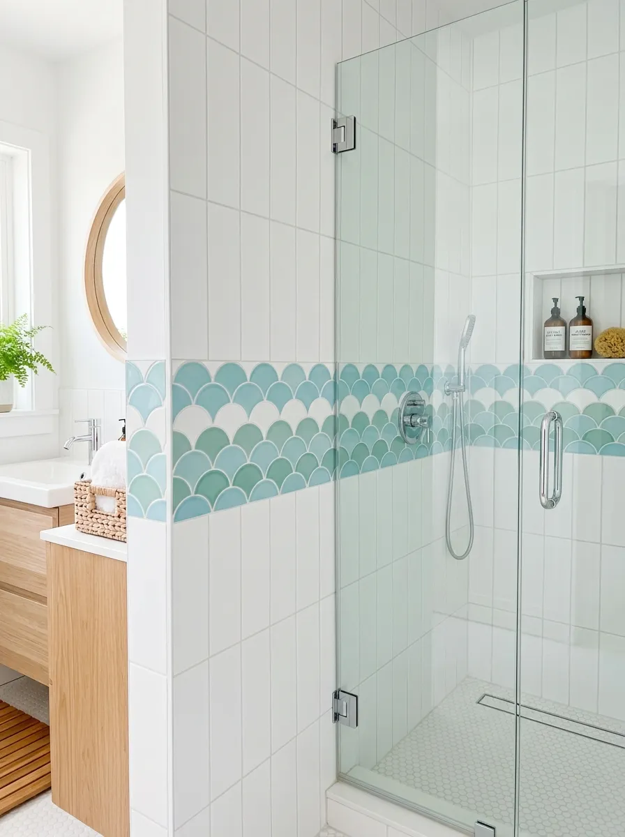 Prompt: A real-life photograph of a scalloped wave-pattern tile border along a shower wall in a coastal modern bathroom, clean white grout lines, glass shower door, bright natural light, neatly organized and clean space, vibrant soft blue-white tile tones, realistic stock photography style, no people.