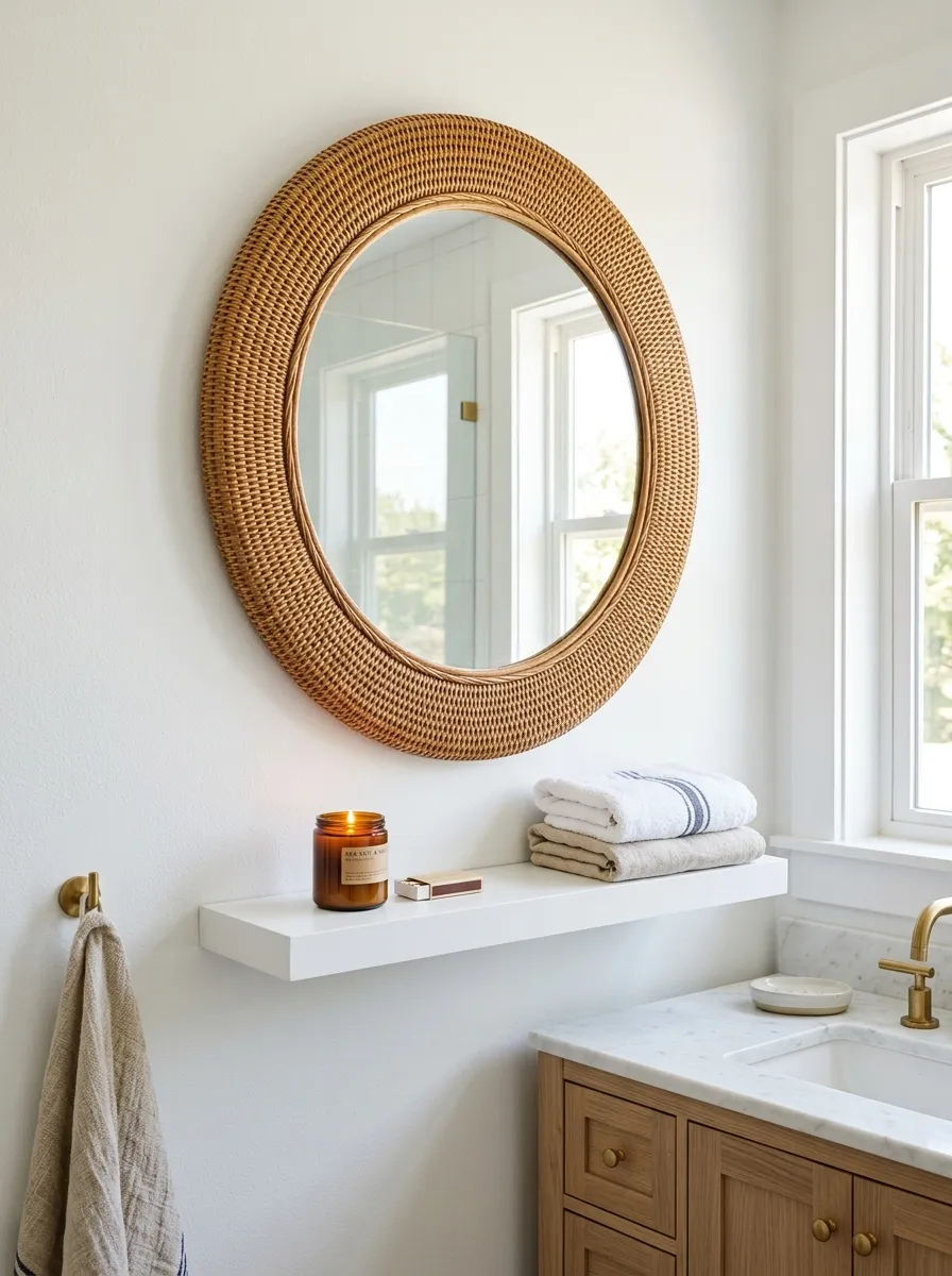 Prompt: A real-life photograph of a round woven rattan-framed mirror hanging above a white floating shelf in a coastal modern bathroom, a small neatly arranged candle and folded hand towel on the shelf, bright natural light, clean and organized wall, warm vibrant rattan tones, realistic stock photography style, no people.
