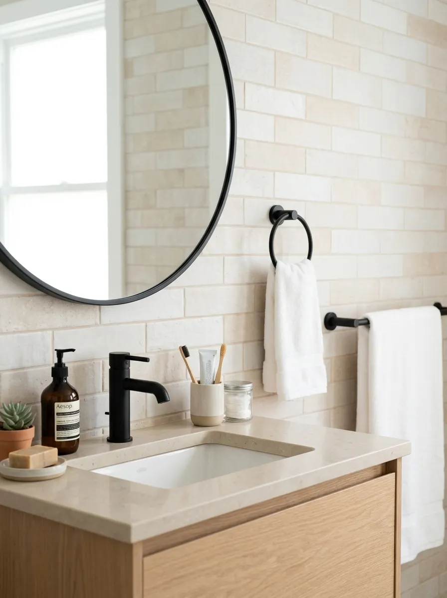 Prompt: A real-life photograph of a matte black faucet against pale white and sandy tile in a coastal modern bathroom, matching matte black towel bar and hardware, neatly arranged toiletries on the counter, bright natural light, clean and organized space, vibrant contrast tones, realistic stock photography style, no people.