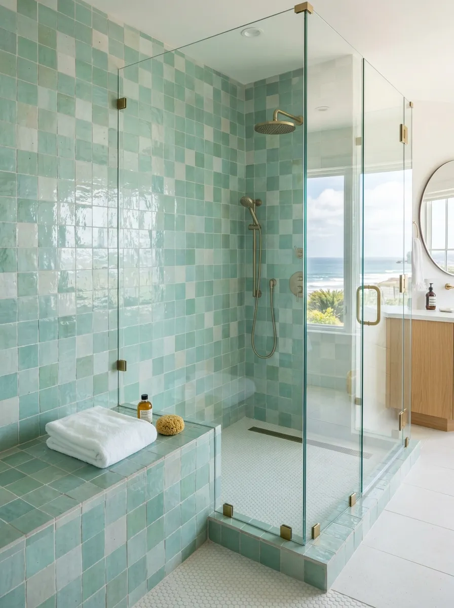 Prompt: A real-life photograph of a built-in tiled bench inside a walk-in glass shower in a coastal modern bathroom, seamless tile matching the shower walls, neatly folded towel resting on the bench, bright natural light, clean and organized space, vibrant fresh tile tones, realistic stock photography style, no people.