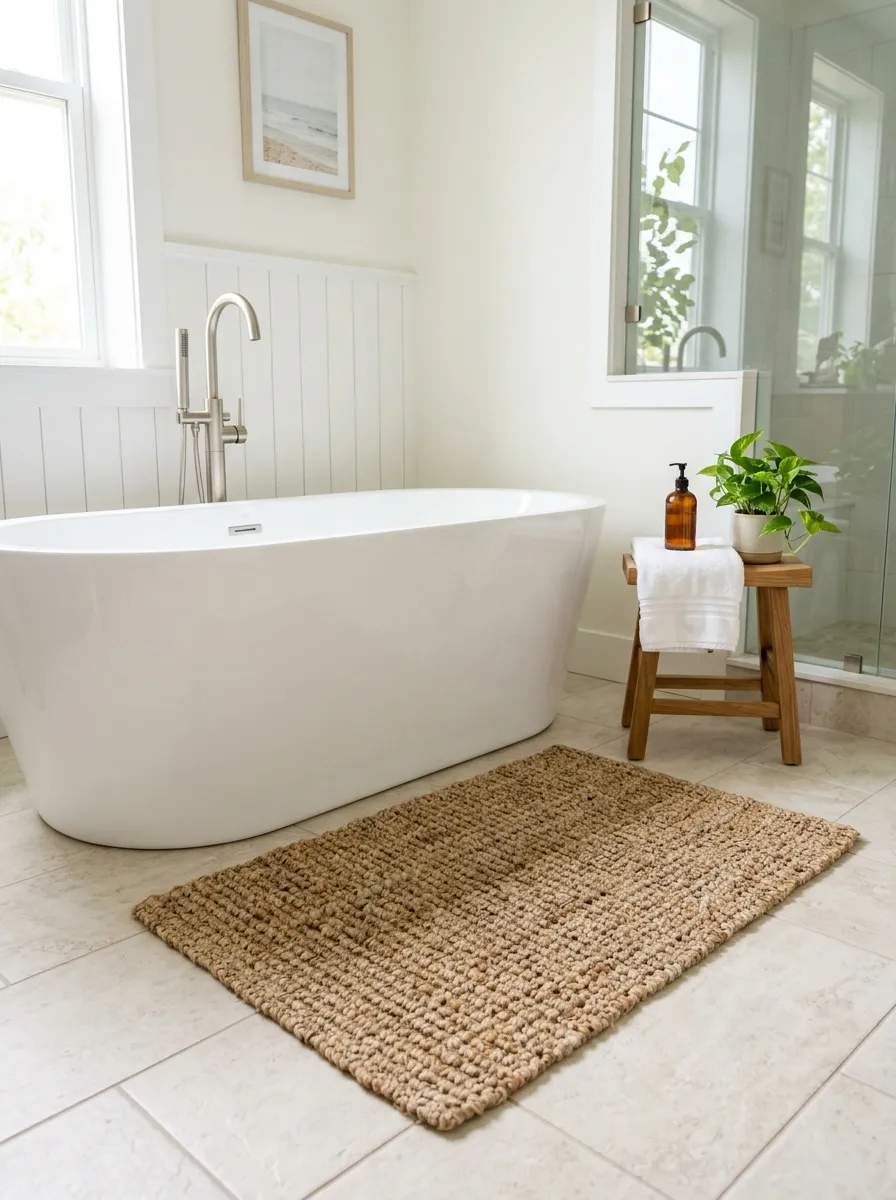 Prompt: A real-life photograph of a chunky woven jute bath mat on a light tile floor in a coastal modern bathroom, neatly placed in front of a white bathtub, bright natural light, clean and organized space, warm vibrant natural fiber tones, realistic stock photography style, no people.