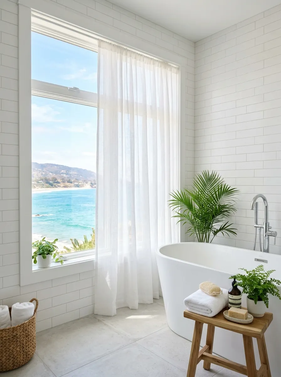 Prompt: A real-life photograph of an oversized window with sheer white curtains in a coastal modern bathroom, soft bright natural light filling the room, clean white tile and a neatly arranged bathtub nearby, organized and airy space, vibrant fresh tones, realistic stock photography style, no people.