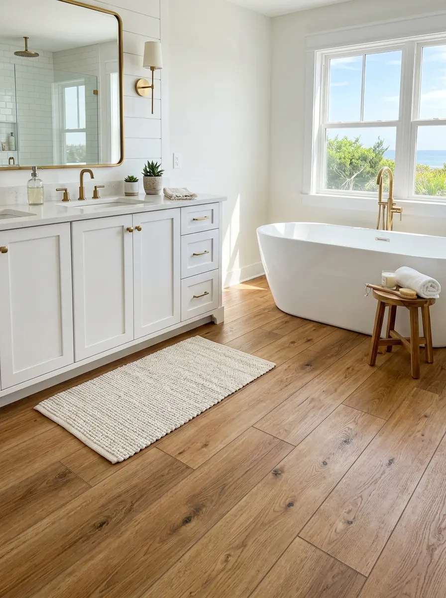 Prompt: A real-life photograph of wide-plank wood-look ceramic tile flooring in a coastal modern bathroom, white vanity and freestanding tub in the background, neatly placed bath mat, bright natural light, clean and organized space, warm vibrant wood tones, realistic stock photography style, no people.