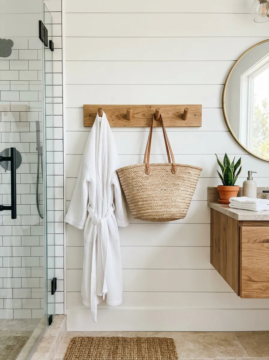 Prompt: A real-life photograph of a wooden hook rail near a shower in a coastal modern bathroom, a neatly hung white robe and a woven straw bag on the hooks, bright natural light, clean and organized wall, vibrant warm tones, realistic stock photography style, no people.