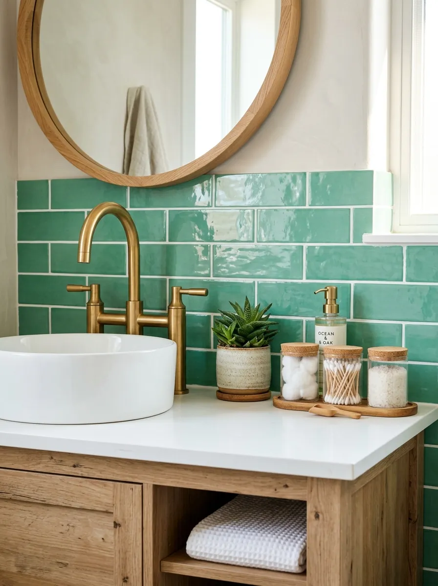 Prompt: A real-life photograph of a coastal modern bathroom sink area with sea-glass green subway tile backsplash, white grout, brass faucet, neatly arranged glass jars and a small potted plant on the counter, bright natural light, vibrant tile color, clean and organized, realistic stock photography style, no people.