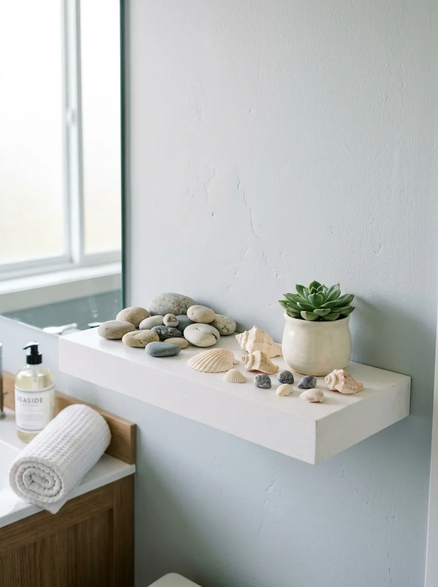 Prompt: A real-life photograph of a small curated display of smooth stones and pale shells beautifully arranged on a white floating shelf in a coastal modern bathroom, bright natural light, clean and organized styling, vibrant natural tones, realistic stock photography style, no people.