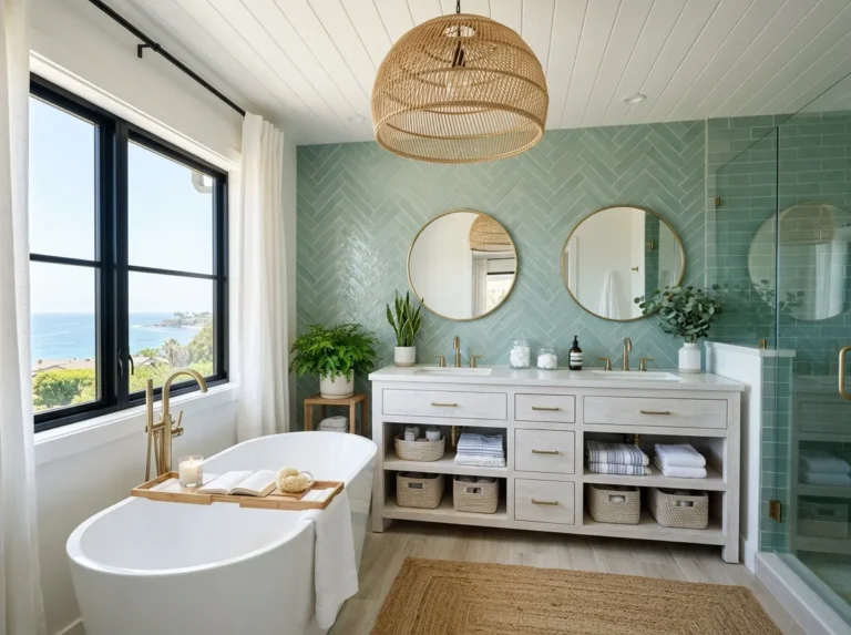 A real-life photograph of a complete coastal modern bathroom, whitewashed wood vanity, sea-glass green tile accents, freestanding tub, rattan pendant light, large window with bright natural light streaming in, neatly made and beautifully arranged, clean and organized space, vibrant fresh color palette, wide-angle realistic stock photography style, Pinterest-ready aesthetic, no people.