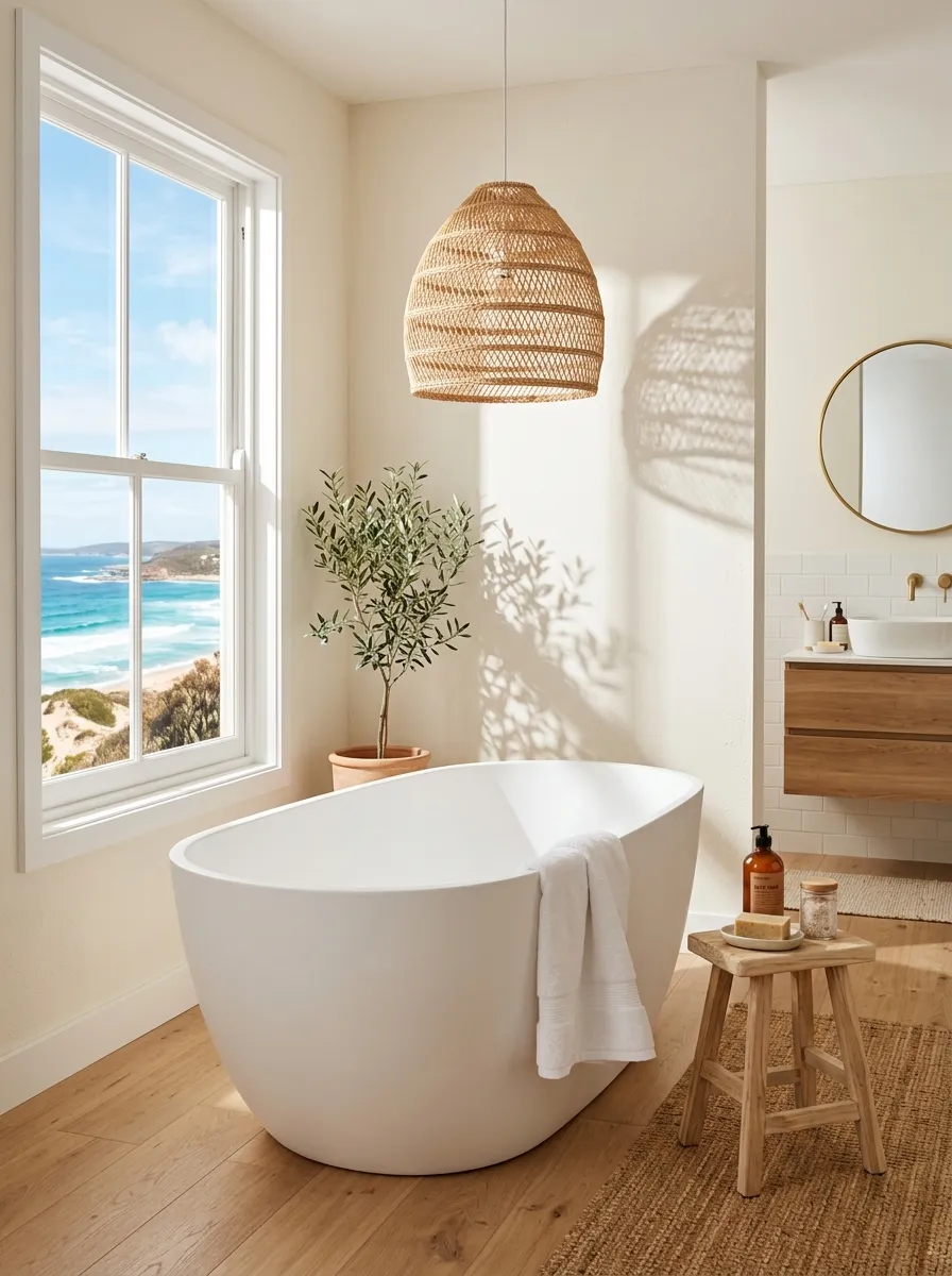 Prompt: A real-life photograph of a matte white freestanding bathtub in a coastal modern bathroom, a rattan pendant light hanging above casting warm dappled shadows, neatly folded towel draped on the tub edge, bright natural light from a large window, clean and organized space, vibrant warm tones, realistic stock photography style, no people.