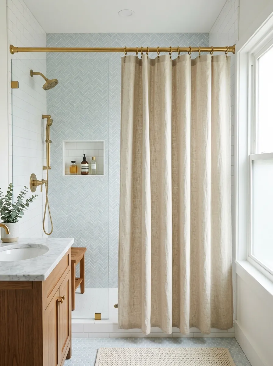 Prompt: A real-life photograph of a natural linen shower curtain hanging from a brass curtain rod in a coastal modern bathroom, light blue and white tile in the background, neatly made shower area, bright natural light, clean and organized, soft vibrant color palette, realistic stock photography style, no people.