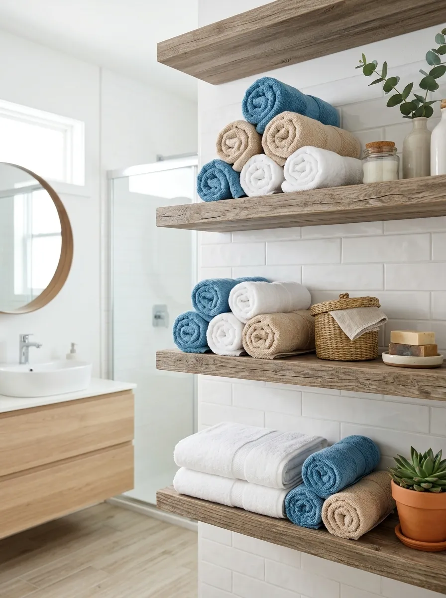 Prompt: A real-life photograph of driftwood-toned open wood shelving in a coastal modern bathroom, neatly rolled towels in blue, white, and sandy beige colors beautifully arranged on the shelves, bright natural light, clean and organized display, vibrant color accents, realistic stock photography style, no people.